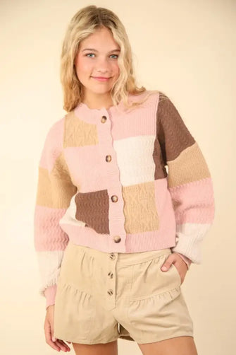 VERY J Color Block Button Down Textured Sweater Cardigan Blush Woman Outerwear