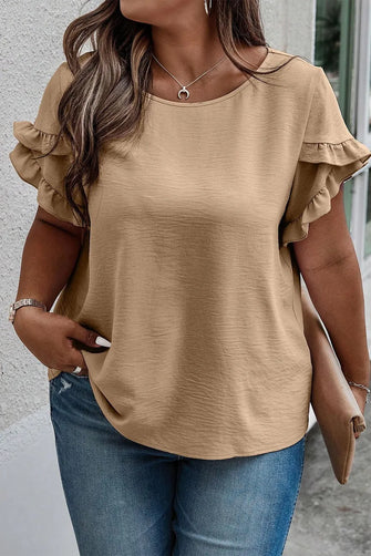 Plus Size Ruffled Petal Sleeve Round Neck T-Shirt Khaki