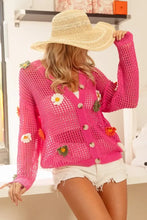 Hot pink open knit sweater cardigan with Bibi flower patches
