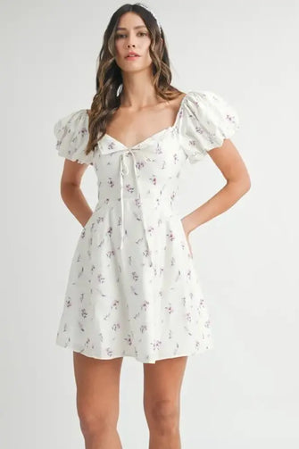 MABLE Floral Print Puff Sleeve Mini Dress OFF WHITE Casual Dresses