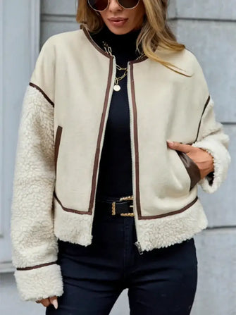 Contrast Trim Zip Up Sherpa Jacket Cream Woman Outerwear