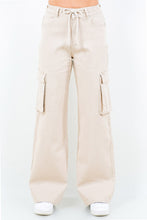 Beige american bazi full size drawstring wide leg cargo pants with large side pockets and adjustable waist