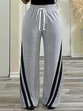 Plus size striped contrast gray heathered sweatpants with black side stripes and white drawstring waistband wide leg pants