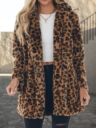 Leopard Collared Neck Coat with Pockets Mocha