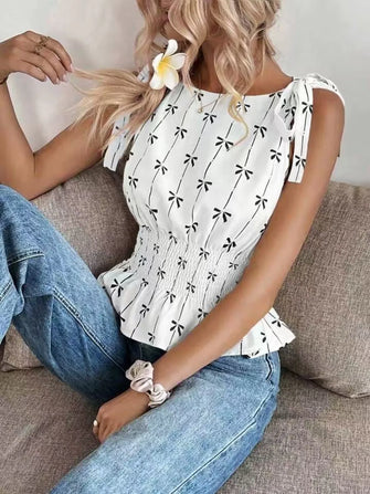 Bow Print Tie Shoulder Tank White