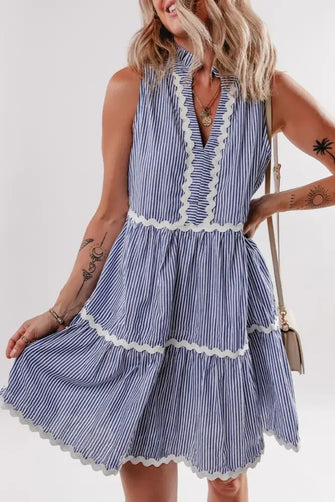 Stripe Sleeveless Notched Ric Rac Mini Dress Light Blue Casual Dresses