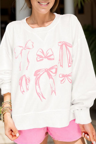 Bow Round Neck Long Sleeve Sweatshirt White