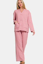 Zenana Quilted Button Up Long Sleeve Top and Pants Lounge Set Dusty Pink