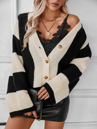 Waffle-Knit V-Neck Striped Long Sleeve Cardigan Ivory