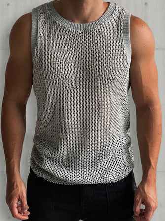 Men's Round Neck Hollow Out Sleeveless Knit Top Gray