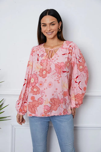 Floral Smocked Tassel Tie Balloon Sleeve Blouse Blush Pink Woman Blouses