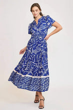 Umgee Full Size Printed Notched Short Sleeve Tiered Dress Plus Size Royal Blue Casual Dresses