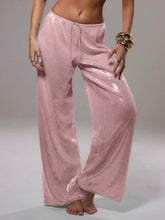 Pink sequin wide leg pants with drawstring waist featuring wide leg pants style and shimmering sequin wide fabric