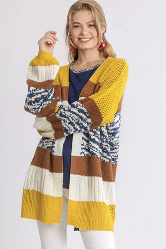 Umgee Full Size Color Block Open Front Longline Cardigan Plus Size GOLD BROWN Cardigans