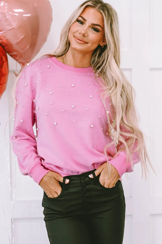 Pearl Round Neck Dropped Shoulder Sweatshirt Pink Woman Sweatshirts