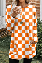 Checkered Round Neck Long Sleeve T-Shirt with Pockets Caramel