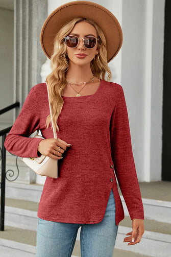 Slit Decorative Button Square Neck T-Shirt Rust