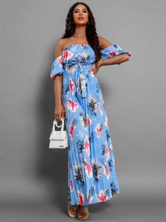 Pleated Floral Off-Shoulder Short Sleeve Midi Dress Sky Blue Woman Maxi Dress