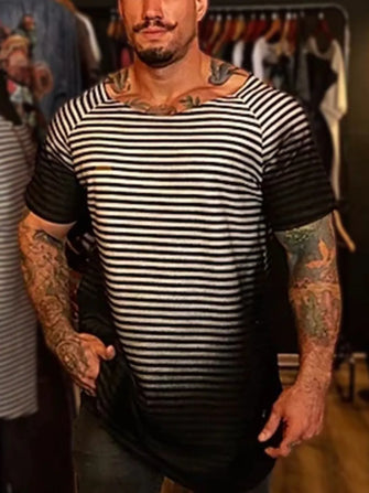 Men's Full Size Round Neck Short Sleeve Striped T-Shirt Plus Size Black