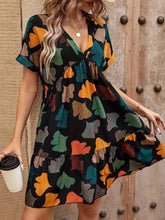 Printed V-neck Short Sleeve Boho Mini Dress Black