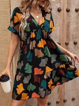 Printed V-neck Short Sleeve Boho Mini Dress Black
