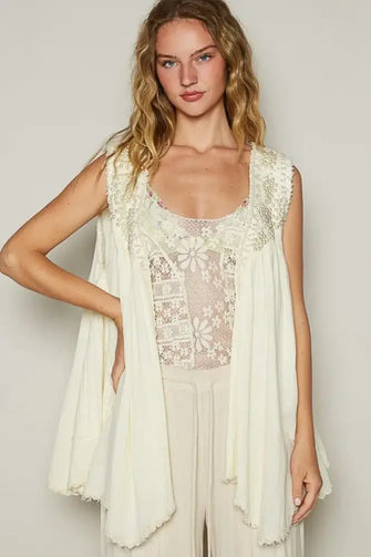 POL Pearl Detail Open Front Sleeveless Cardigan Cream Woman Outerwear