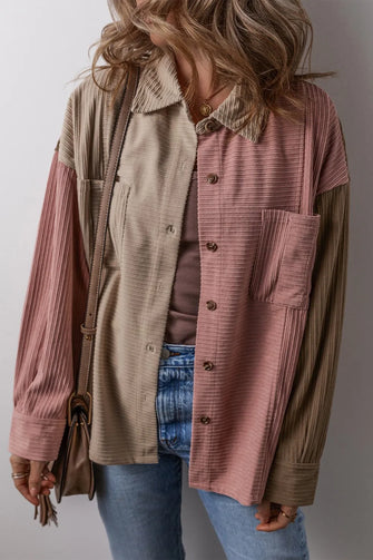 Button Up Color Block Long Sleeve Shacket Dusty Pink