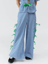 Side Tied Plaid Pants Blue