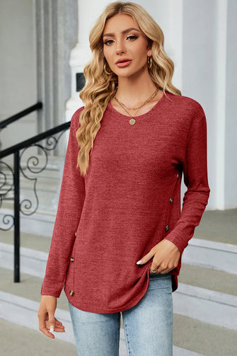 Decorative Button Round Neck T-Shirt Rust