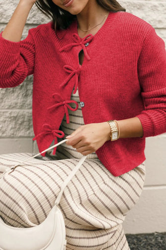 Tied Long Sleeve Cardigan Deep Red Woman Outerwear