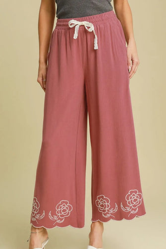 Umgee Full Size Linen Blend Wide Leg Pants with Scalloped Hemline Plus Size Dusty Pink