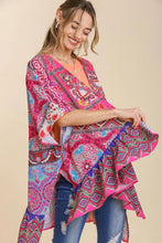 Umgee Full Size Mixed Print Ruffle Hem Open Front Cover Up Plus Size Hot Pink