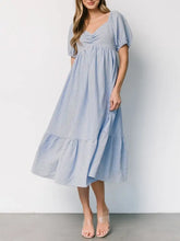 Striped Sweetheart Neck Puff Sleeve Midi Dress Casual Dresses