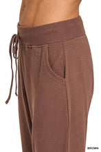 Brown ribbed drawstring cotton joggers with a soft relaxed fit and side pockets from zenana collection