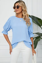 Pleated Flounce Sleeve Keyhole Blouse Woman Blouses