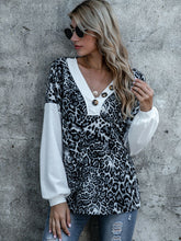 Shiny Leopard Decorative Button V-Neck Top Woman Blouses