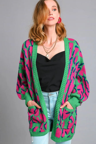 Umgee Full Size Animal Print Open Front Cardigan with Side Pockets Plus Size GREEN MIX