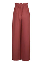 Rust-colored high-waisted perfee frill tied wide leg trousers with ruffled elastic waistband for stylish comfort