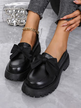 Bow PU Leather Round Toe Loafers Black（Matte）