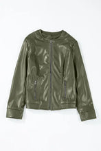 PU Leather Round Neck Long Sleeve Jacket Woman Outerwear