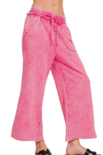 Zenana Washed French Terry Palazzo With Pockets HOT PINK