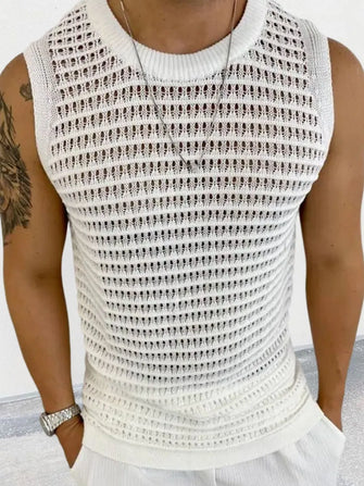 Men's Round Neck Hollow Out Sleeveless Knit Top Ivory
