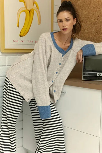 Annie Wear Contrast Trim Button Down Raglan Sleeve Cardigan Oatmeal Denim Blue