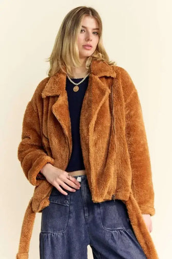 Davi & Dani Fuzzy Zip Up Collared Neck Jacket Brown Woman Outerwear