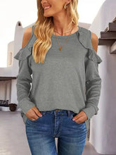 Round Neck Ruffled Cold-Shoulder Blouse Dark Gray Woman Blouses