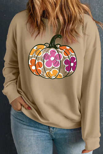 Plus Size Pumpkin Graphic Dropped Shoulder Sweatshirt Khaki