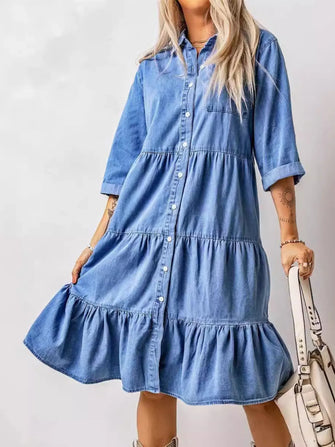 Full Size Ruffled Hem Button Up Denim Midi Dress Plus Size Blue