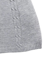 Gray cable-knit A-line sweater dress with heathered texture and ribbed hem