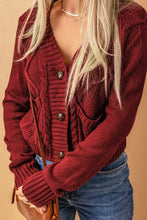 Strickjacke mit Zopfmuster, Knopfleiste und V-Ausschnitt für Damen, Oberbekleidung