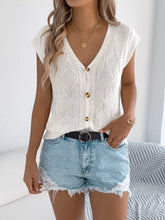 White cable knit sleeveless top with gold buttons, machine wash cold